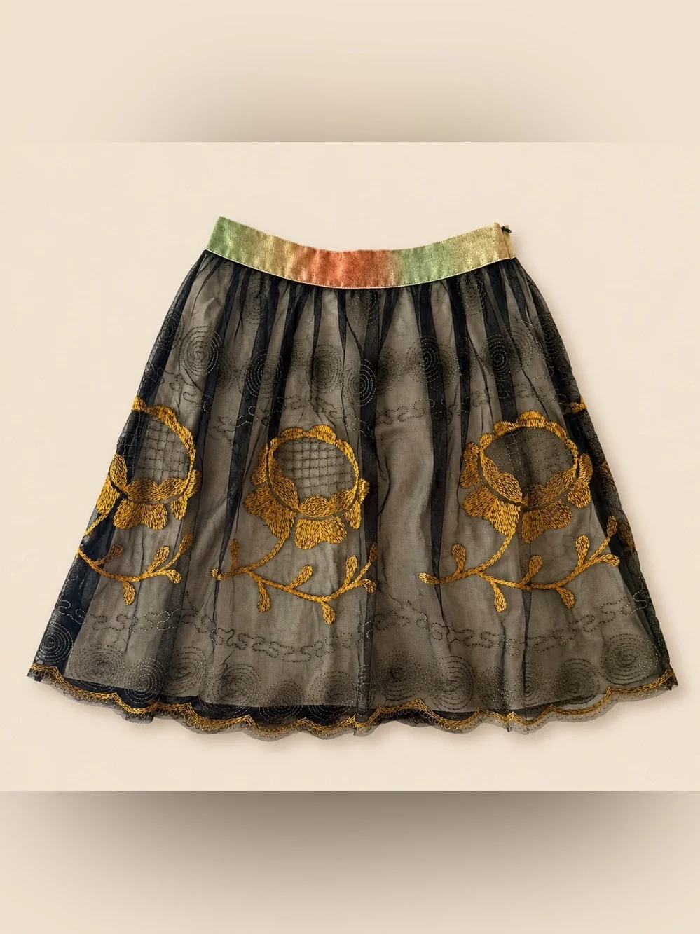 Free People Gold Floral Layered Embroidered Mesh Skirt Boho Whimsigoth Fairycore